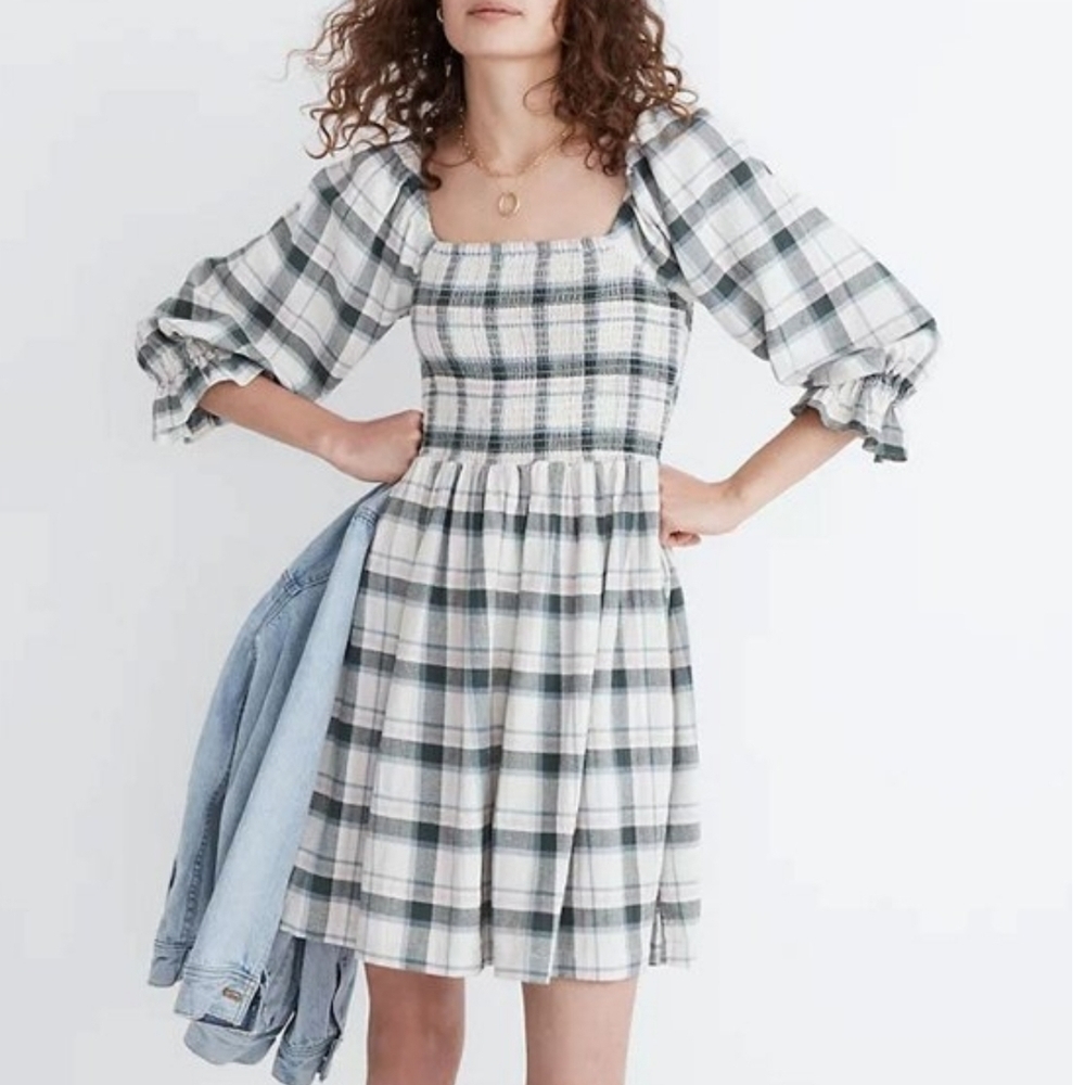 Antique Cream Plaid Smocked A Line Lucie Puff Sleeve NWT